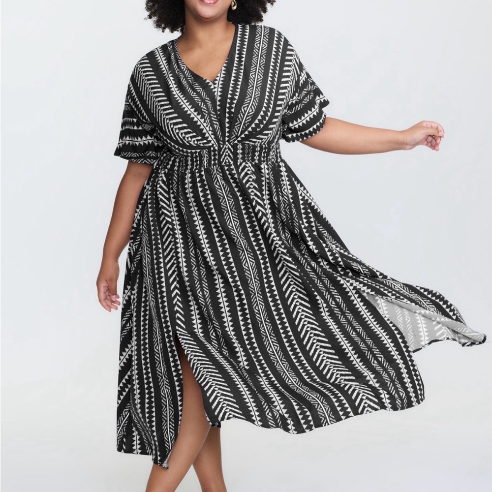 BloomChic Solid Geometric Dolman Sleeve Pocket Shirred Split Hem Dress